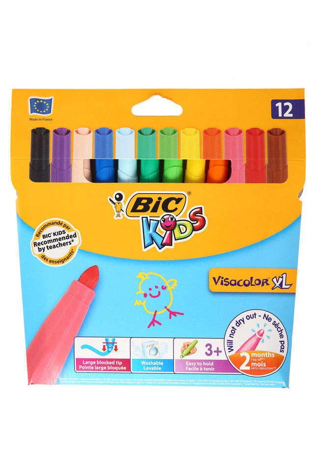 BIC KIDS Visacolor XL Feutres de Coloriage à Pointe Large - Couleurs  Assorties, Etui Carton de 12