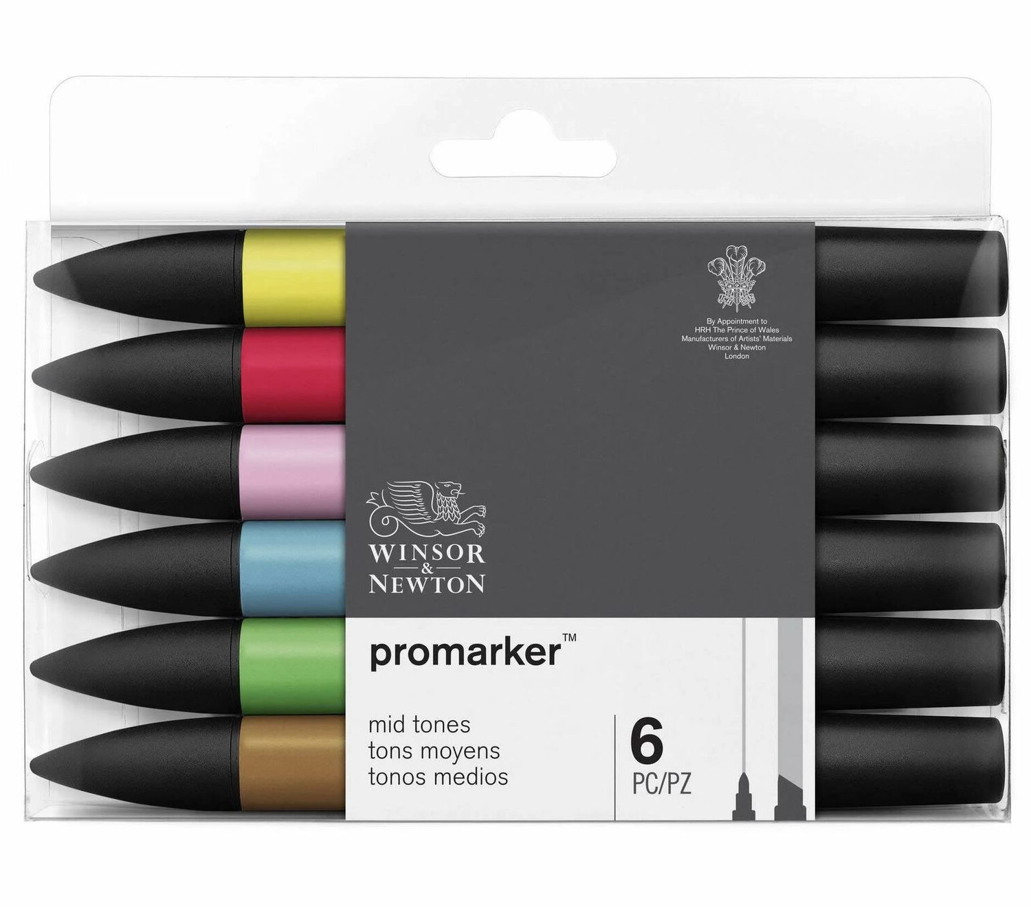 Winsor & Newton Promarker Set of 6 Mid Tones Artist Alcohol-Based Markers