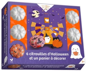 6 citrouilles d&rsquo;Halloween et un panier à décorer. Coffret avec 6 citrouilles en polystyrène, 1 panier à monter, 1 pinceau, de la colle, 6 feuilles de papier à motifs et 1 livret explicatif