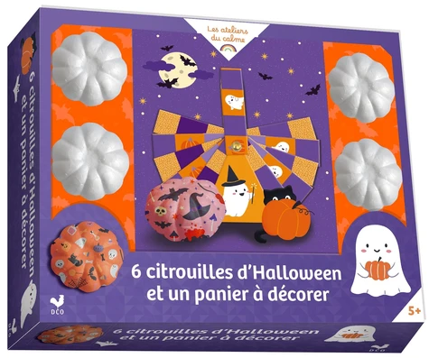 6 citrouilles d'Halloween et un panier à décorer. Coffret avec 6 citrouilles en polystyrène, 1 panier à monter, 1 pinceau, de la colle, 6 feuilles de papier à motifs et 1 livret explicatif