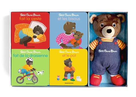 Petit Ours Brun Mon coffret à histoires Petit Ours Brun en 4 volumes. Petit Ours Brun fait la sieste ; Petit Ours Brun fait de la draisienne ; Petit Ours Brun et les bisous ; Petit Ours Brun et le pot. Avec une peluche