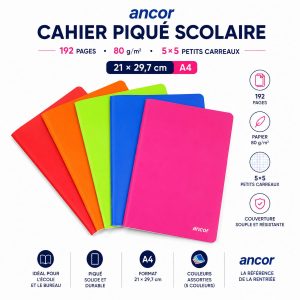 Cahier piqué scolaire 192P 80g 21×29.7 5×5 petits carreaux – Ancor