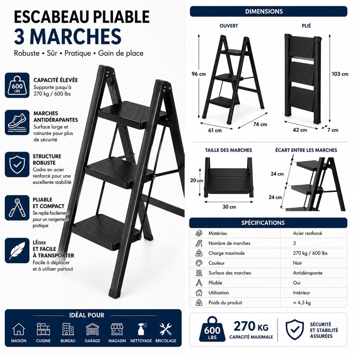 Escabeau pliable 3 marches Échelle en acier – سلم قابل للطي 3 درجات – Image 2