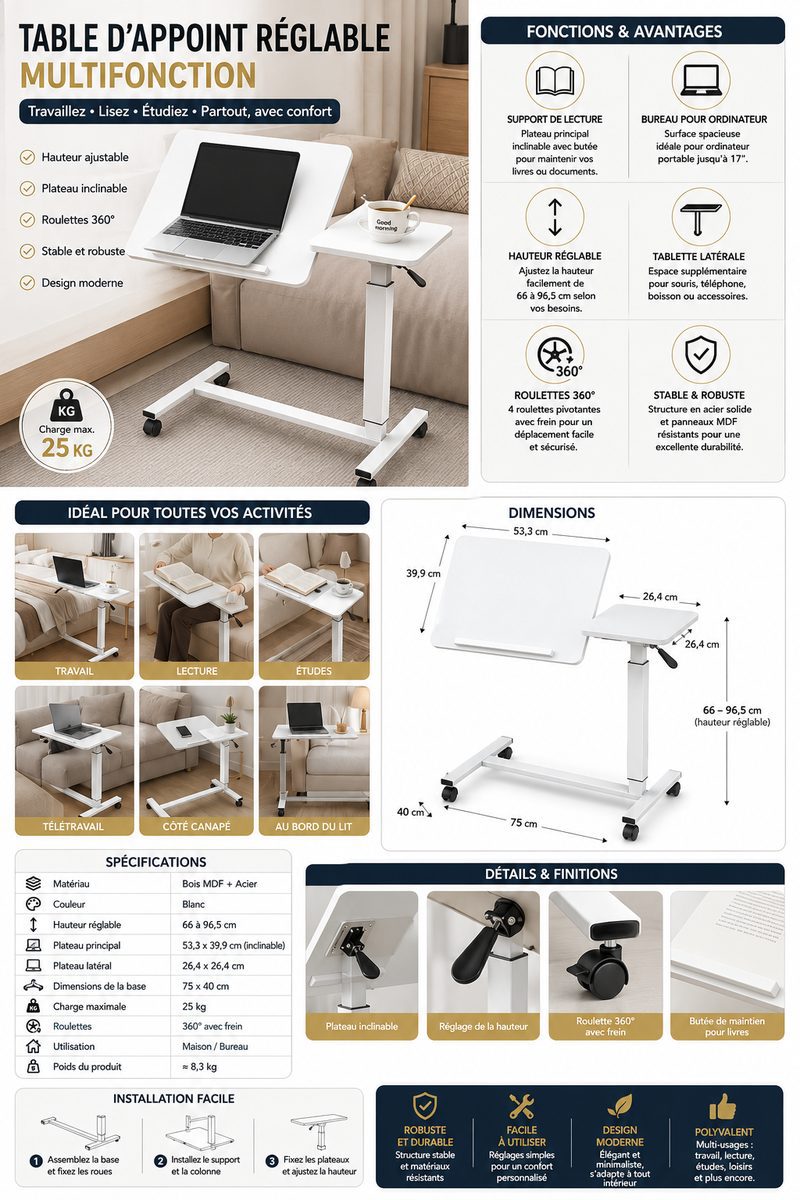 Table réglable avec support de lecture, Bureau mobile – مكتب جانبي متحرك متعدد الاستخدامات